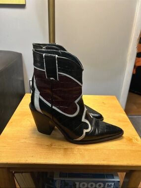 Zara Black and Dark Burgundy Western-Inspired Leather Ankle Boots